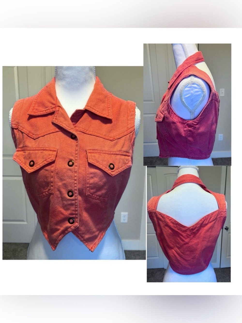 Vintage 80’s Denim Cropped Sleeveless Vest Back Cutout Small Coral/Red Pockets